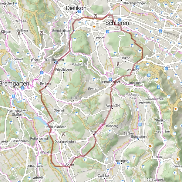 Miniaturní mapa "Gravel Bike Route Ottenbach - Berikon - Honeret - Arni - Ottenbach" inspirace pro cyklisty v oblasti Zürich, Switzerland. Vytvořeno pomocí plánovače tras Tarmacs.app