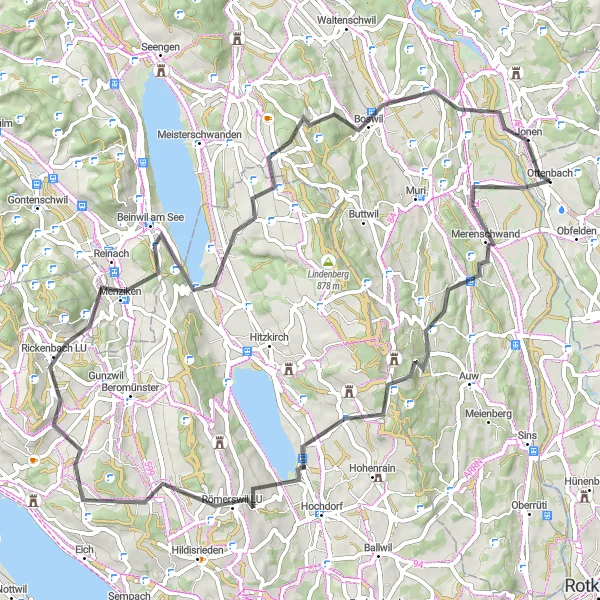 Zemljevid v pomanjšavi "Raziščite slikovite ceste in vasi" kolesarske inspiracije v Zürich, Switzerland. Generirano z načrtovalcem kolesarskih poti Tarmacs.app