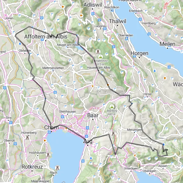 Miniatuurkaart van de fietsinspiratie "Wegroute van Ottenbach naar Obfelden en terug" in Zürich, Switzerland. Gemaakt door de Tarmacs.app fietsrouteplanner