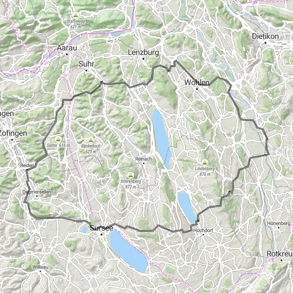 Karttaminiaatyyri "Countryside Adventure to Rottenschwil" pyöräilyinspiraatiosta alueella Zürich, Switzerland. Luotu Tarmacs.app pyöräilyreittisuunnittelijalla