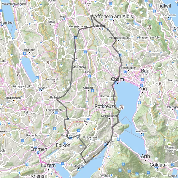 Map miniature of "Ottenbach-Knonau-Küssnacht-Inwil-Abtwil-Ottenbach" cycling inspiration in Zürich, Switzerland. Generated by Tarmacs.app cycling route planner