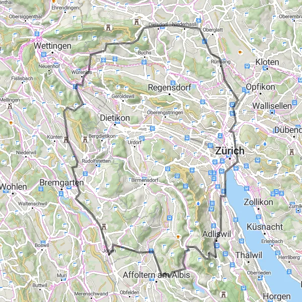 Zemljevid v pomanjšavi "Potovalna dogodivščina z razgibanimi cestami" kolesarske inspiracije v Zürich, Switzerland. Generirano z načrtovalcem kolesarskih poti Tarmacs.app