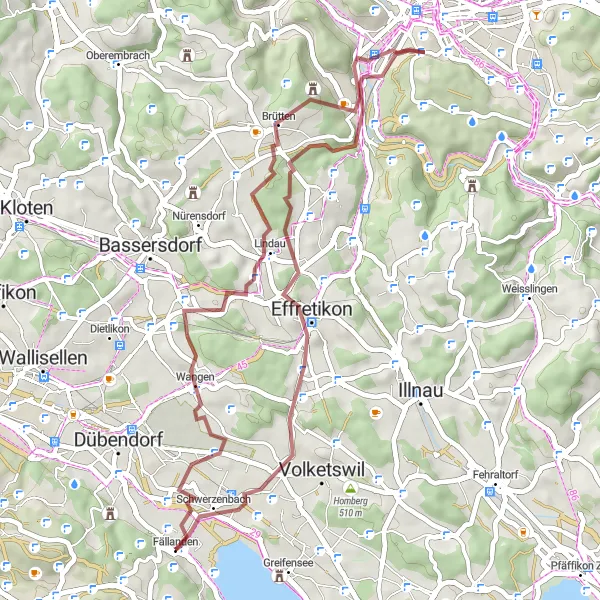 Miniatua del mapa de inspiración ciclista "Ruta de Grava por Fällanden y Brütten" en Zürich, Switzerland. Generado por Tarmacs.app planificador de rutas ciclistas