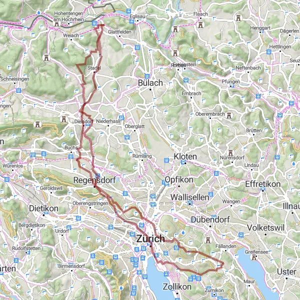 Map miniature of "Gravel Expedition around Pfaffhausen" cycling inspiration in Zürich, Switzerland. Generated by Tarmacs.app cycling route planner