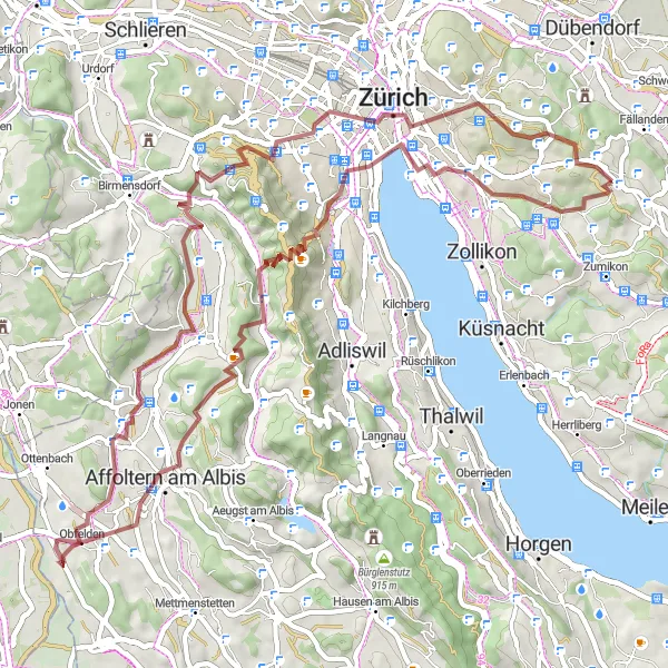 Kartminiatyr av "Loorenkopf og Zollikerberg Grusvei Sykkeltur" sykkelinspirasjon i Zürich, Switzerland. Generert av Tarmacs.app sykkelrutoplanlegger