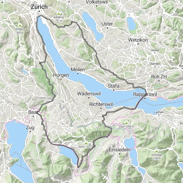 Karttaminiaatyyri "Zürichin järvikiertue Road Loop" pyöräilyinspiraatiosta alueella Zürich, Switzerland. Luotu Tarmacs.app pyöräilyreittisuunnittelijalla