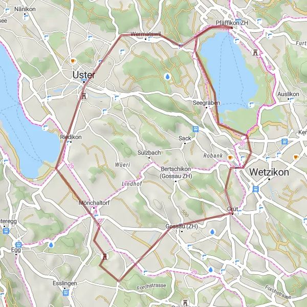 Kartminiatyr av "Grusvei rundtur fra Pfäffikon" sykkelinspirasjon i Zürich, Switzerland. Generert av Tarmacs.app sykkelrutoplanlegger