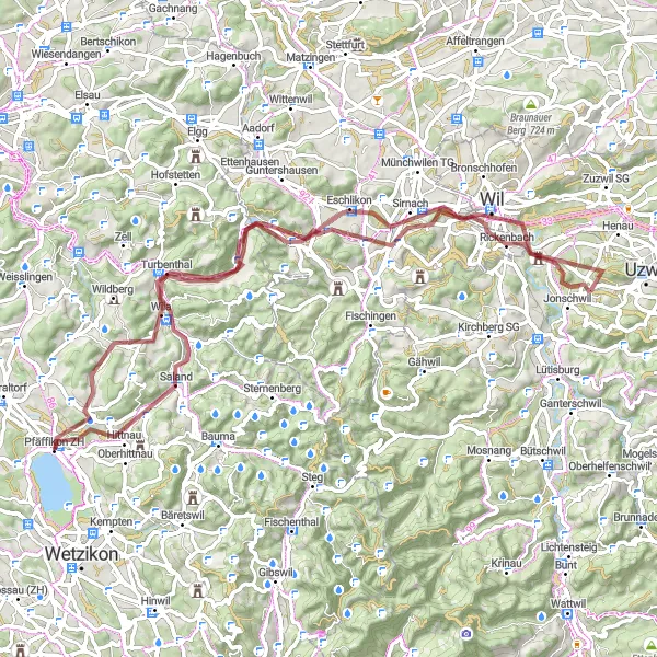 Miniature de la carte de l'inspiration cycliste "Sur les routes gravel de Pfäffikon à Wila" dans la Zürich, Switzerland. Générée par le planificateur d'itinéraire cycliste Tarmacs.app