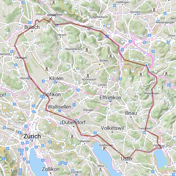 Kartminiatyr av "Pfäffikon-Zürich Gravel Adventure" sykkelinspirasjon i Zürich, Switzerland. Generert av Tarmacs.app sykkelrutoplanlegger