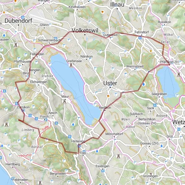 Miniaturní mapa "Gravelový okruh kolem Pfäffikonu ZH" inspirace pro cyklisty v oblasti Zürich, Switzerland. Vytvořeno pomocí plánovače tras Tarmacs.app