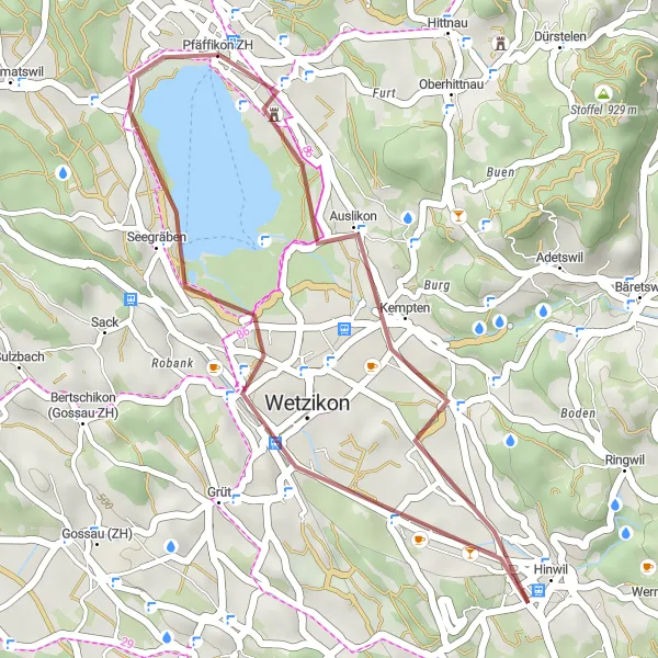 Map miniature of "Exploring the Gravel Paths of Hinwil" cycling inspiration in Zürich, Switzerland. Generated by Tarmacs.app cycling route planner