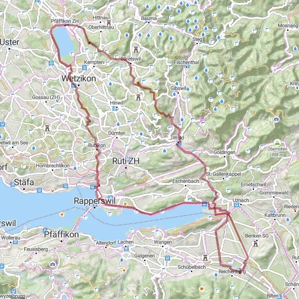 Map miniature of "Pfäffikersee Gravel Adventure" cycling inspiration in Zürich, Switzerland. Generated by Tarmacs.app cycling route planner