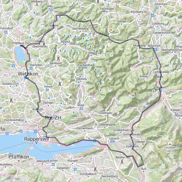 Kartminiatyr av "Pfäffikon til Landsberg Road Cycle Route" sykkelinspirasjon i Zürich, Switzerland. Generert av Tarmacs.app sykkelrutoplanlegger
