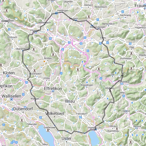 Miniatuurkaart van de fietsinspiratie "Wegen van Pfäffikon naar Wildberg" in Zürich, Switzerland. Gemaakt door de Tarmacs.app fietsrouteplanner