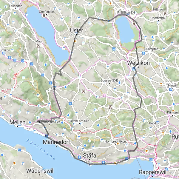 Map miniature of "Wetzikon and Männedorf Excursion" cycling inspiration in Zürich, Switzerland. Generated by Tarmacs.app cycling route planner