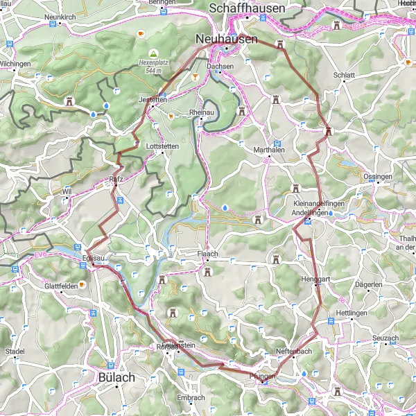 Miniatua del mapa de inspiración ciclista "Ruta de ciclismo de grava Pfungen-Rhine Falls-Schaffhausen-Aussichtsturm Irchel-Pfungen" en Zürich, Switzerland. Generado por Tarmacs.app planificador de rutas ciclistas