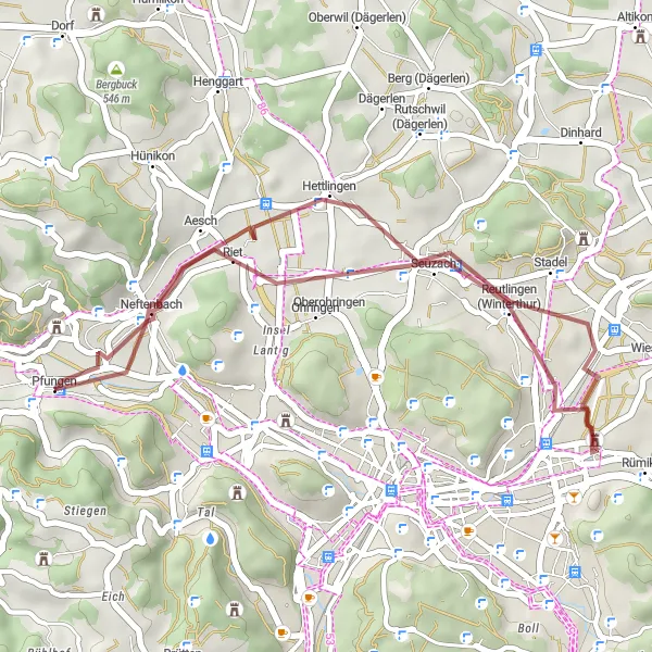 Miniatua del mapa de inspiración ciclista "Ruta de gravilla cerca de Pfungen" en Zürich, Switzerland. Generado por Tarmacs.app planificador de rutas ciclistas