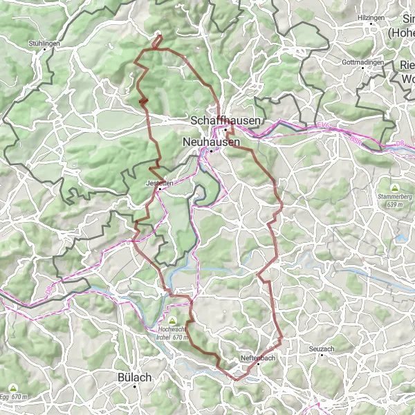 Mapa miniatúra "Gravel Tour de Randen" cyklistická inšpirácia v Zürich, Switzerland. Vygenerované cyklistickým plánovačom trás Tarmacs.app