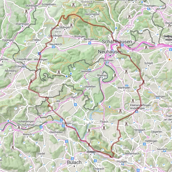 Miniatua del mapa de inspiración ciclista "Aventura en bicicleta de grava Pfungen-Wilchingen-Schaffhausen-Buch am Irchel-Pfungen" en Zürich, Switzerland. Generado por Tarmacs.app planificador de rutas ciclistas