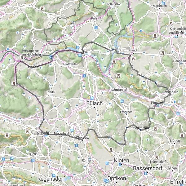 Map miniature of "The Kaiserstuhl Traverse" cycling inspiration in Zürich, Switzerland. Generated by Tarmacs.app cycling route planner