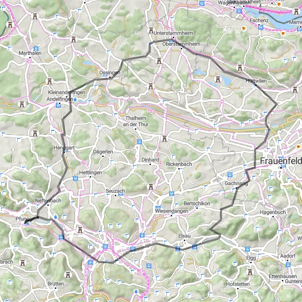 Miniatua del mapa de inspiración ciclista "Ruta por carretera a través de Pfungen" en Zürich, Switzerland. Generado por Tarmacs.app planificador de rutas ciclistas
