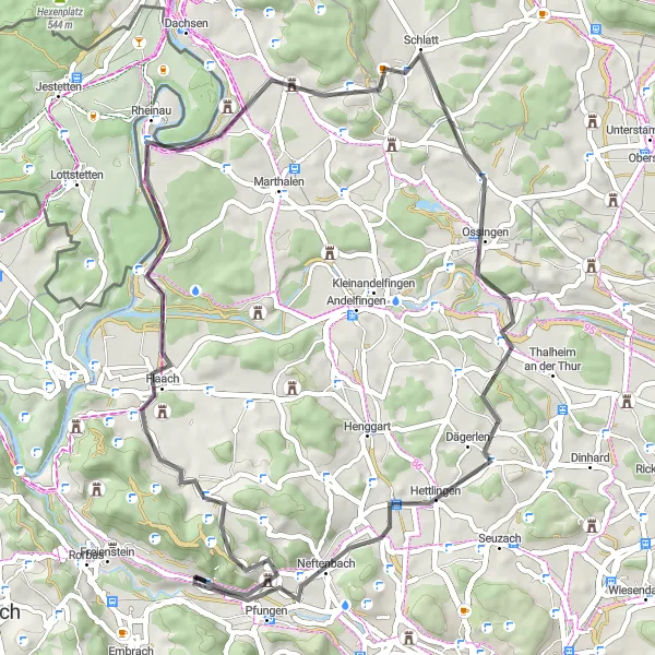 Miniatura mapy "Trasa rowerowa Pfungen - Dättlikon - Aussichtsturm Irchel - Aussichtsplattform Thurauen - Benken ZH - Ossingen - Neftenbach" - trasy rowerowej w Zürich, Switzerland. Wygenerowane przez planer tras rowerowych Tarmacs.app