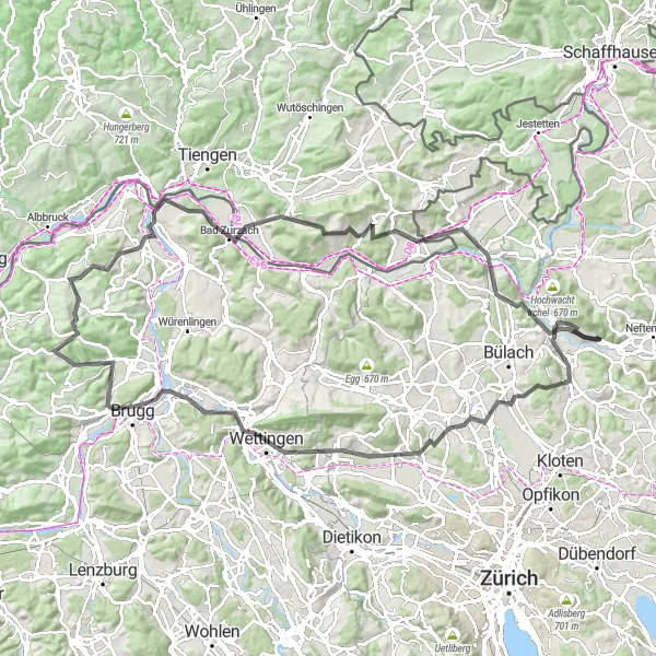 Miniatua del mapa de inspiración ciclista "Ruta de ciclismo en carretera Pfungen-Brugg-Koblenz-Pfungen" en Zürich, Switzerland. Generado por Tarmacs.app planificador de rutas ciclistas
