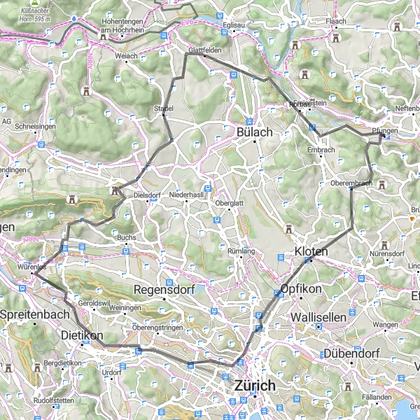 Miniatuurkaart van de fietsinspiratie "Tocht van Pfungen naar Regensberg" in Zürich, Switzerland. Gemaakt door de Tarmacs.app fietsrouteplanner