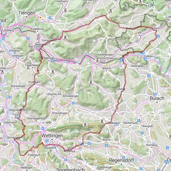 Map miniature of "Gravel Wilderness" cycling inspiration in Zürich, Switzerland. Generated by Tarmacs.app cycling route planner