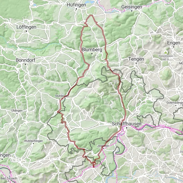 Mapa miniatúra "Gravel cyklotrasa Rafz" cyklistická inšpirácia v Zürich, Switzerland. Vygenerované cyklistickým plánovačom trás Tarmacs.app