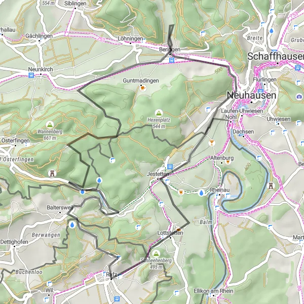 Miniatura della mappa di ispirazione al ciclismo "Escursione in bicicletta da Rafz a Schneehenberg" nella regione di Zürich, Switzerland. Generata da Tarmacs.app, pianificatore di rotte ciclistiche