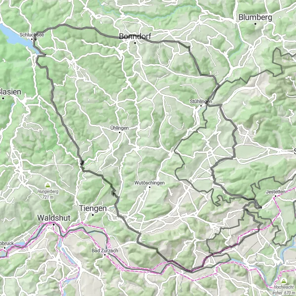 Miniaturní mapa "Trasa Road: Hohentengen am Hochrhein - Küßnacher Horn - Aichen - Schönenbach - Feldbergblick - Bonndorf - Lindenbuck - Weizen - Siblingerhöhe - Rafz" inspirace pro cyklisty v oblasti Zürich, Switzerland. Vytvořeno pomocí plánovače tras Tarmacs.app