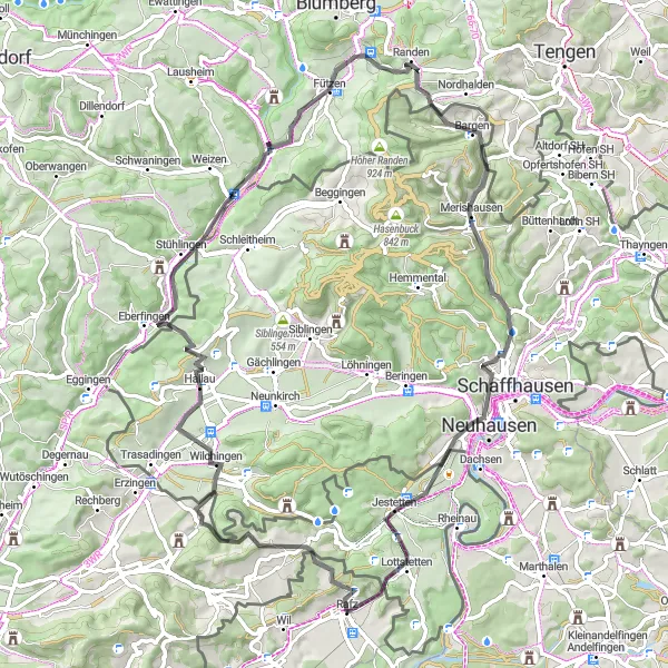 Zemljevid v pomanjšavi "Rafz - Jestetten - Rafz" kolesarske inspiracije v Zürich, Switzerland. Generirano z načrtovalcem kolesarskih poti Tarmacs.app