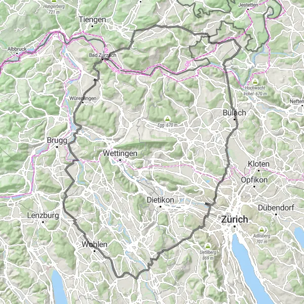 Mapa miniatúra "Road Route eglisau-birmensdorf-unterlunkhofen-dreihägen-gebenstorf-gebenstorfer horn-ruine tegerfelden-hornbuck-riedern am sand" cyklistická inšpirácia v Zürich, Switzerland. Vygenerované cyklistickým plánovačom trás Tarmacs.app