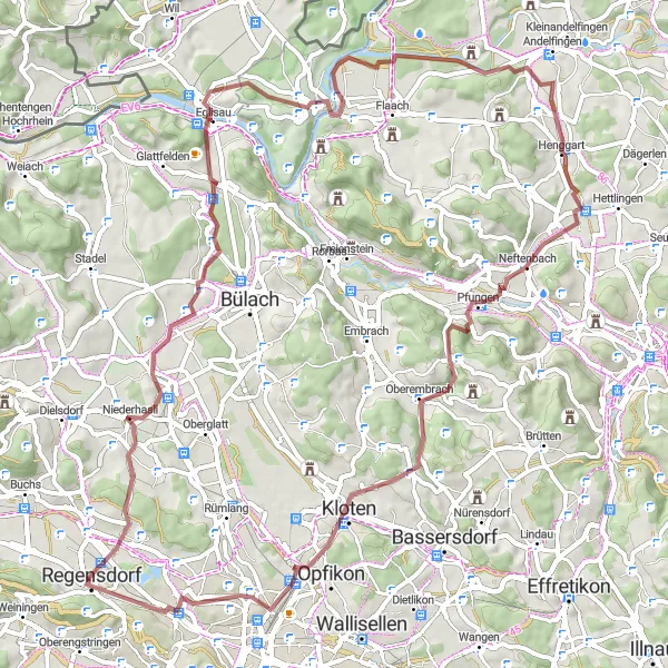 Miniatua del mapa de inspiración ciclista "Ruta de Grava a través de Niederhasli y Kloten" en Zürich, Switzerland. Generado por Tarmacs.app planificador de rutas ciclistas
