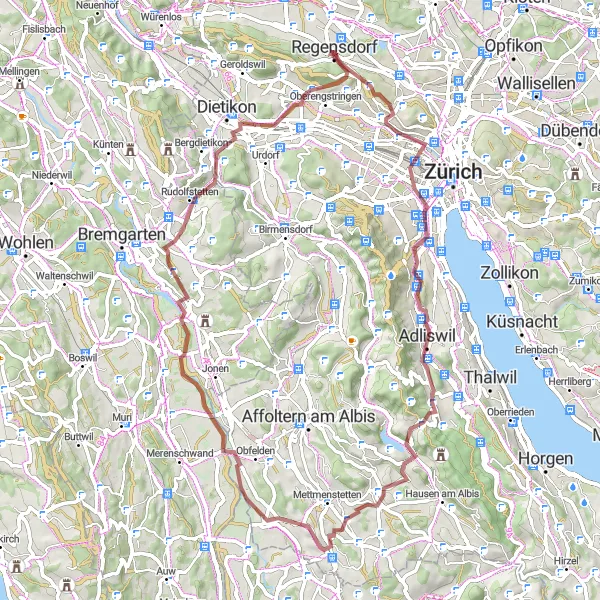 Karttaminiaatyyri "Zürichin ympäriajo - sora- ja hiekkatie" pyöräilyinspiraatiosta alueella Zürich, Switzerland. Luotu Tarmacs.app pyöräilyreittisuunnittelijalla