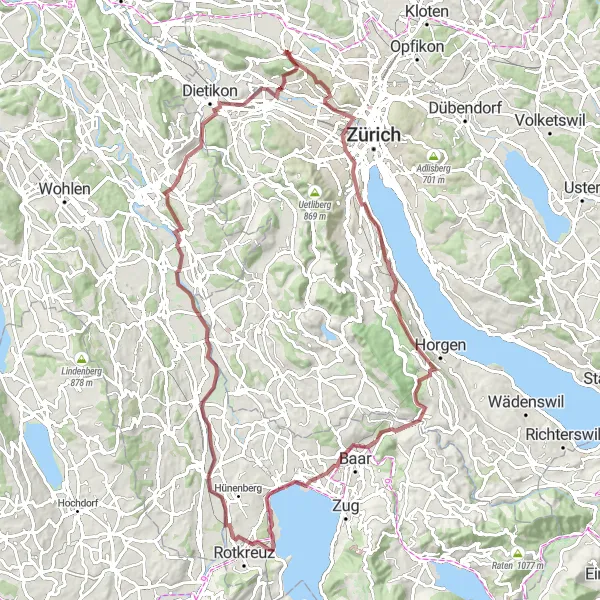 Miniatua del mapa de inspiración ciclista "Ruta de Grava a través de Kilchberg y Mutschellenpass" en Zürich, Switzerland. Generado por Tarmacs.app planificador de rutas ciclistas