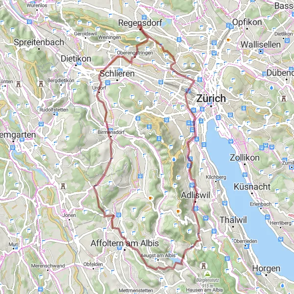 Miniatua del mapa de inspiración ciclista "Ruta de Grava Regensdorf - Aeugst am Albis - Urdorf" en Zürich, Switzerland. Generado por Tarmacs.app planificador de rutas ciclistas