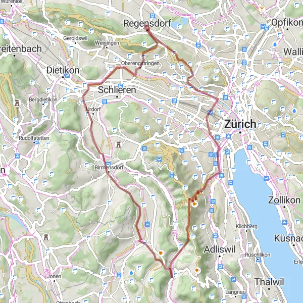 Miniatuurkaart van de fietsinspiratie "Graveltocht door de natuur van Regensdorf naar Gubrist" in Zürich, Switzerland. Gemaakt door de Tarmacs.app fietsrouteplanner