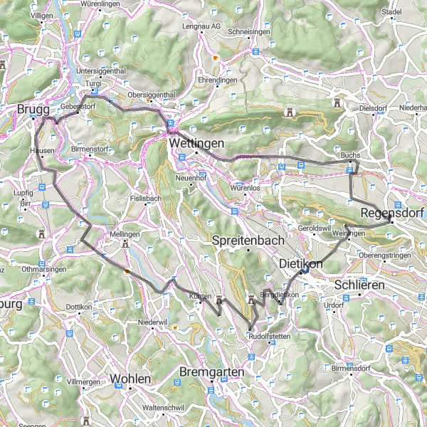 Miniatua del mapa de inspiración ciclista "Ruta en Carretera a través de Gubrist y Wettingen" en Zürich, Switzerland. Generado por Tarmacs.app planificador de rutas ciclistas