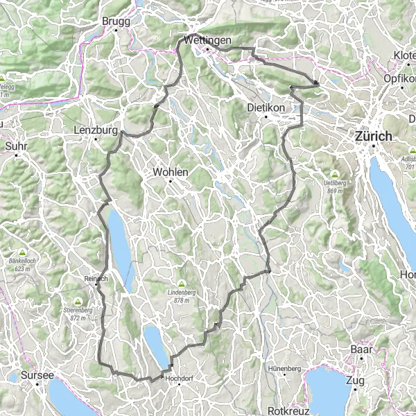Karttaminiaatyyri "Zürichin ympäriajo - maantiepyöräily" pyöräilyinspiraatiosta alueella Zürich, Switzerland. Luotu Tarmacs.app pyöräilyreittisuunnittelijalla