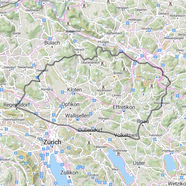 Mapa miniatúra "Road okruh cez Oberglatt a Affoltern" cyklistická inšpirácia v Zürich, Switzerland. Vygenerované cyklistickým plánovačom trás Tarmacs.app