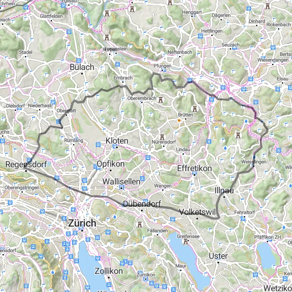 Miniaturní mapa "Silniční okruh kolem Zürichu" inspirace pro cyklisty v oblasti Zürich, Switzerland. Vytvořeno pomocí plánovače tras Tarmacs.app