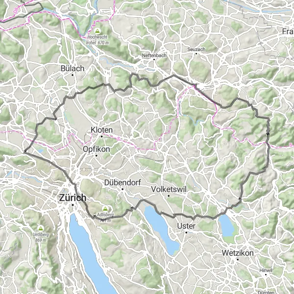 Miniature de la carte de l'inspiration cycliste "Tour de vélo panoramique près de Regensdorf" dans la Zürich, Switzerland. Générée par le planificateur d'itinéraire cycliste Tarmacs.app