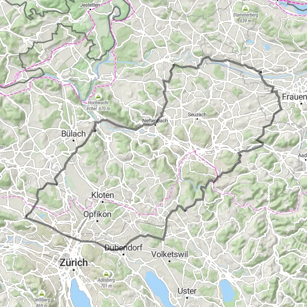 Miniaturekort af cykelinspirationen "Bachenbülach til Oerlikon cykelrute" i Zürich, Switzerland. Genereret af Tarmacs.app cykelruteplanlægger
