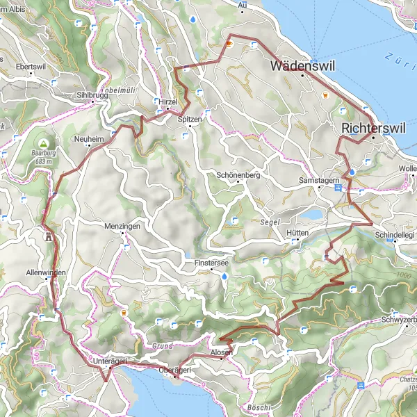 Miniature de la carte de l'inspiration cycliste "La boucle secrète de Richterswil" dans la Zürich, Switzerland. Générée par le planificateur d'itinéraire cycliste Tarmacs.app