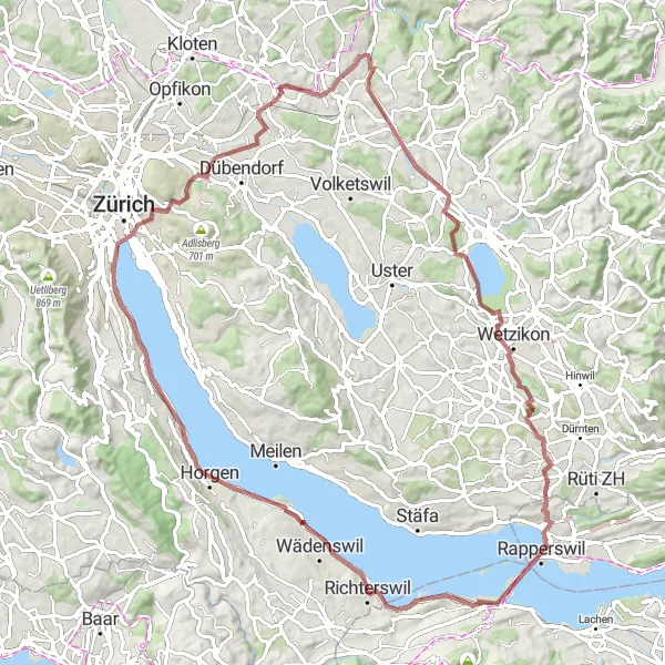 Kartminiatyr av "Rundtur Richterswil - Horgen - Villa Seerose - Quaibrücke - Stettbach - Birchen - Illnau - Bubikon - Paradies - Freienbach - Höchi" cykelinspiration i Zürich, Switzerland. Genererad av Tarmacs.app cykelruttplanerare