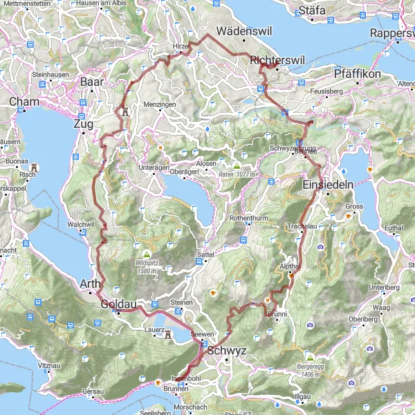 Kartminiatyr av "Alpene og innsjøer på sykkel" sykkelinspirasjon i Zürich, Switzerland. Generert av Tarmacs.app sykkelrutoplanlegger