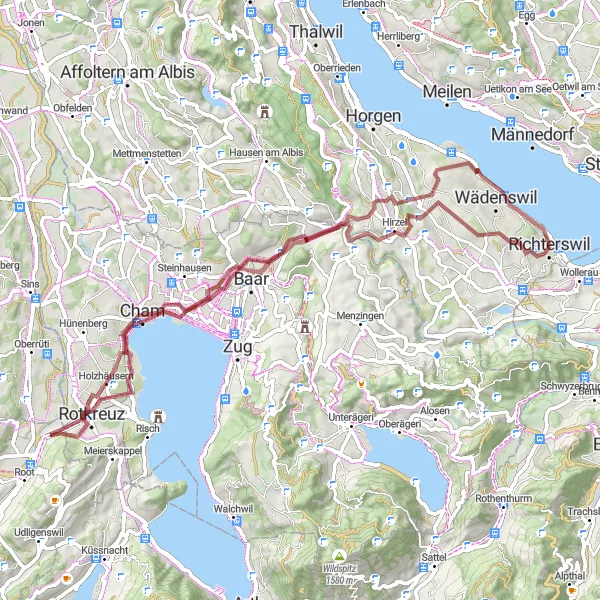 Mapa miniatúra "Gravel trasa cez Rotkreuz a Sihlbrugg" cyklistická inšpirácia v Zürich, Switzerland. Vygenerované cyklistickým plánovačom trás Tarmacs.app