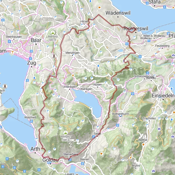 Miniatura mapy "Wycieczka gravelowa na 69 km z Richterswil" - trasy rowerowej w Zürich, Switzerland. Wygenerowane przez planer tras rowerowych Tarmacs.app